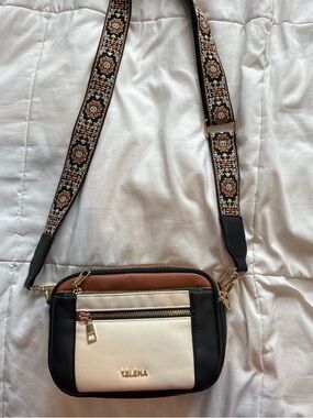 Helena Black, Cream & Brown Crossbody with Patterned Strap